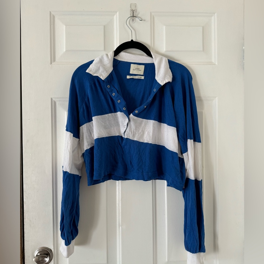 UO Blue & White Striped Cropped Long Sleeve Polo